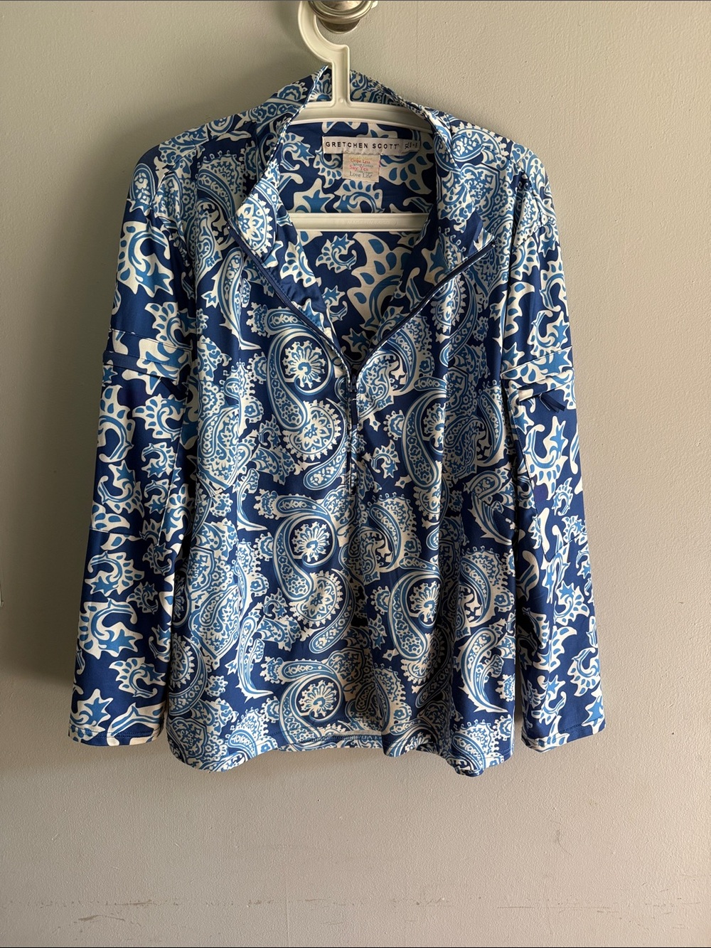 Gretchen Scott Navy and White Paisley Notch-Collar Pullover